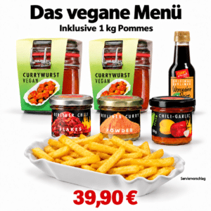 Das vegane Menü – 2 Gläser vegane Currywurst, 1 kg Pommes, Saucen, Gewürze & Porzellanschale