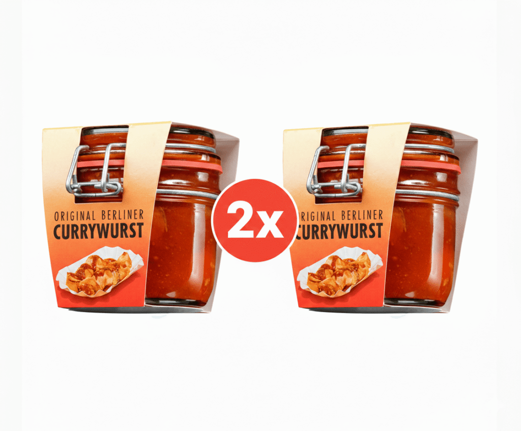 Zwei Gläser Original Berliner Currywurst im Glas aus der Manufaktur, Duo-Set mit 2x Button auf weißem Hintergrund