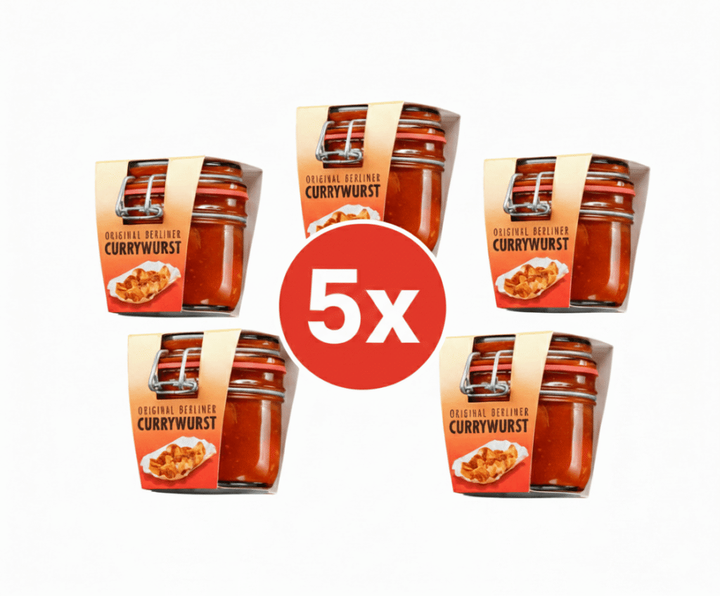 Fünf Gläser Original Berliner Currywurst im Glas aus der Manufaktur, Familien-Set mit großem 5x Button in der Mitte auf weißem Hintergrund.