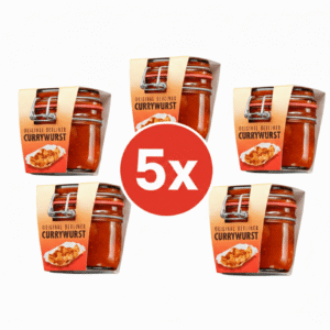 Fünf Gläser Original Berliner Currywurst im Glas aus der Manufaktur, Familien-Set mit großem 5x Button in der Mitte auf weißem Hintergrund.