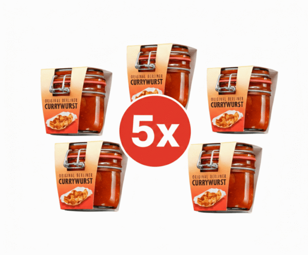 Fünf Gläser Original Berliner Currywurst im Glas aus der Manufaktur, Familien-Set mit großem 5x Button in der Mitte auf weißem Hintergrund.