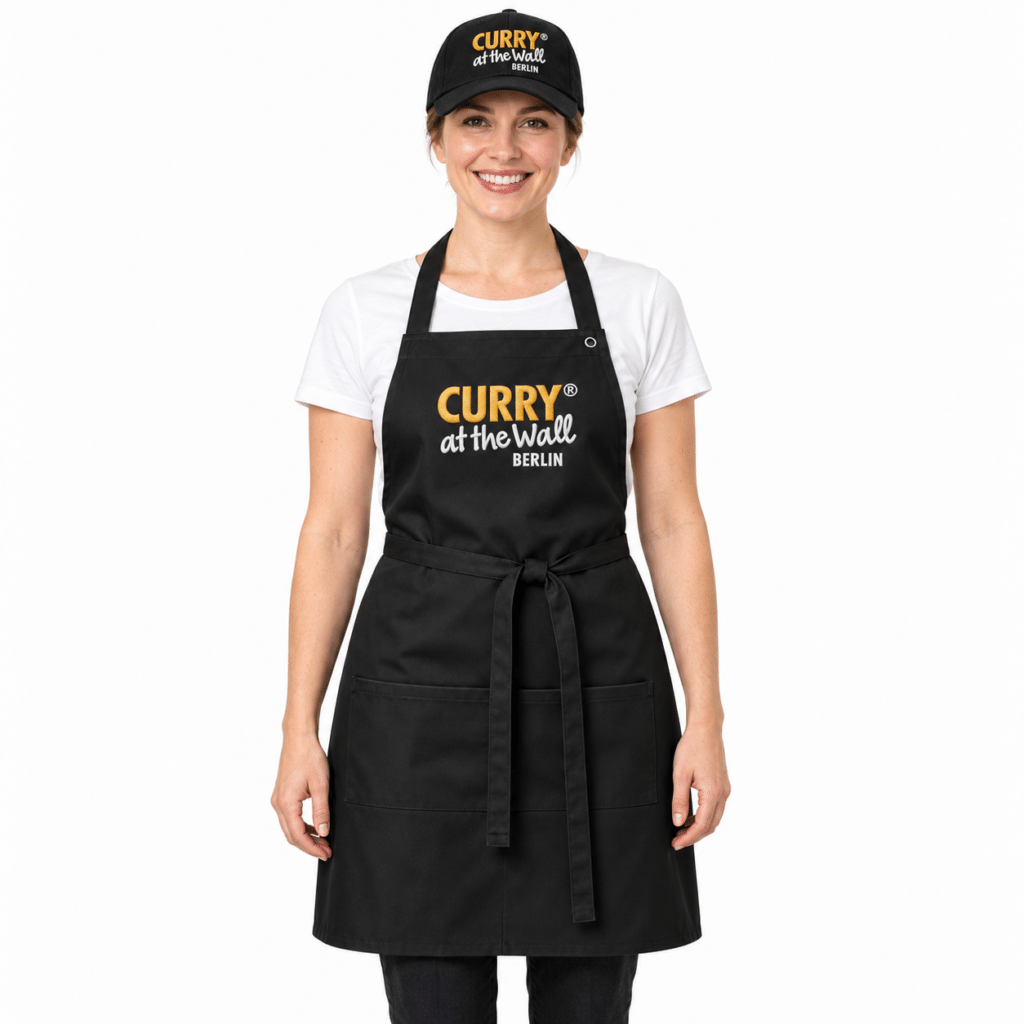 Frau mit schwarzer Curry-at-the-Wall-Schürze mit gesticktem Logo und Basecap